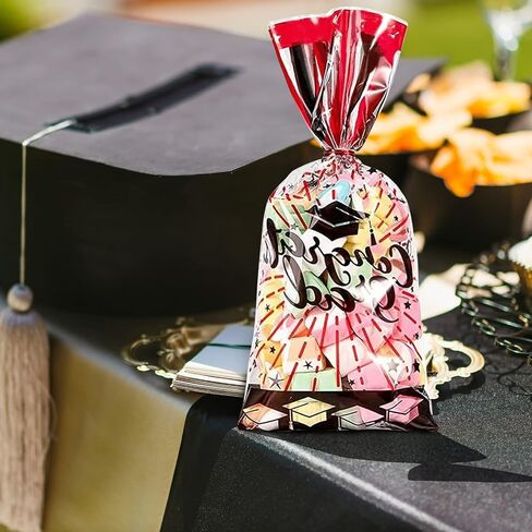 180 Pieces Graduation Cellophane Treat Bags Congrats Graduates Candy Present Bags Plastic Clear Goodie Wrapping Bags with 180 Silver Twist Ties for Graduation Day (Bllue and Red) in Saudi Arabia