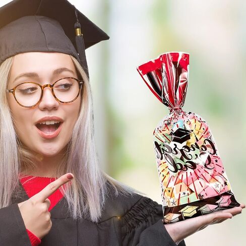 180 Pieces Graduation Cellophane Treat Bags Congrats Graduates Candy Present Bags Plastic Clear Goodie Wrapping Bags with 180 Silver Twist Ties for Graduation Day (Bllue and Red) in Saudi Arabia