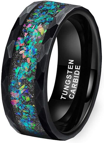 6mm 8mm Silver/Black Hammered Tungsten Rings for Men Women Couple Genuine Galaxy Opal Inlay Fashion Jewelry Engagement Wedding Bands Matte Finish Comfort Fit in Saudi Arabia
