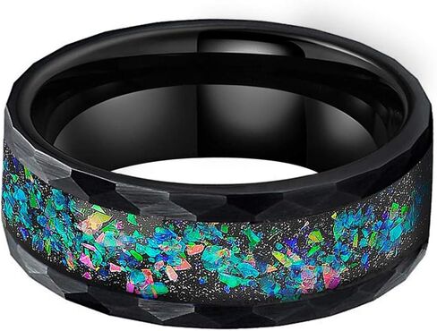 6mm 8mm Silver/Black Hammered Tungsten Rings for Men Women Couple Genuine Galaxy Opal Inlay Fashion Jewelry Engagement Wedding Bands Matte Finish Comfort Fit in Saudi Arabia