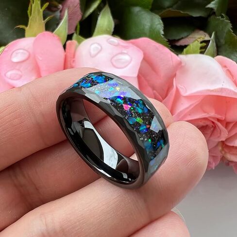6mm 8mm Silver/Black Hammered Tungsten Rings for Men Women Couple Genuine Galaxy Opal Inlay Fashion Jewelry Engagement Wedding Bands Matte Finish Comfort Fit in Saudi Arabia