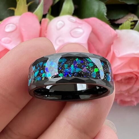 6mm 8mm Silver/Black Hammered Tungsten Rings for Men Women Couple Genuine Galaxy Opal Inlay Fashion Jewelry Engagement Wedding Bands Matte Finish Comfort Fit in Saudi Arabia