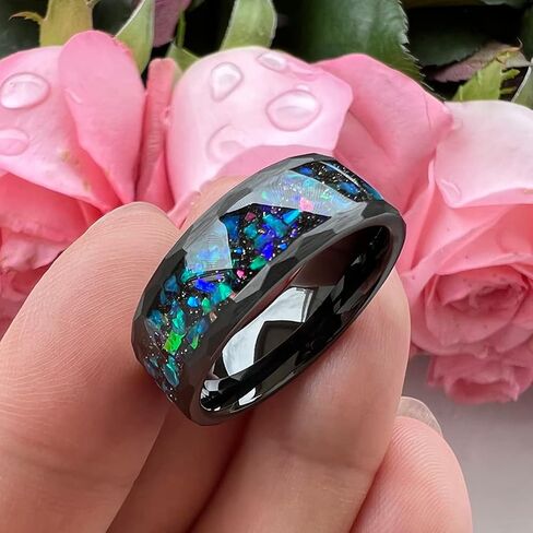6mm 8mm Silver/Black Hammered Tungsten Rings for Men Women Couple Genuine Galaxy Opal Inlay Fashion Jewelry Engagement Wedding Bands Matte Finish Comfort Fit in Saudi Arabia
