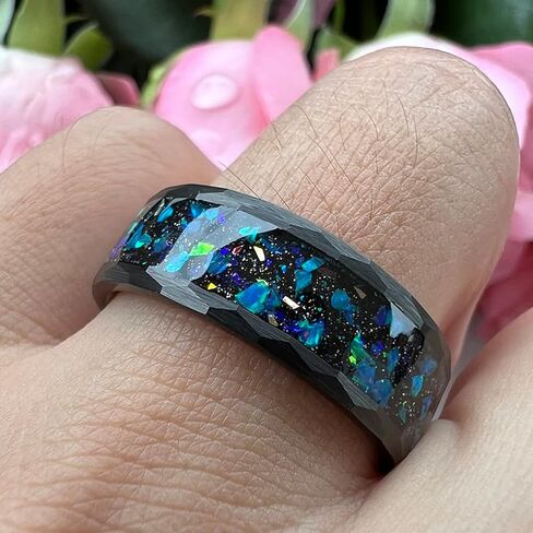 6mm 8mm Silver/Black Hammered Tungsten Rings for Men Women Couple Genuine Galaxy Opal Inlay Fashion Jewelry Engagement Wedding Bands Matte Finish Comfort Fit in Saudi Arabia