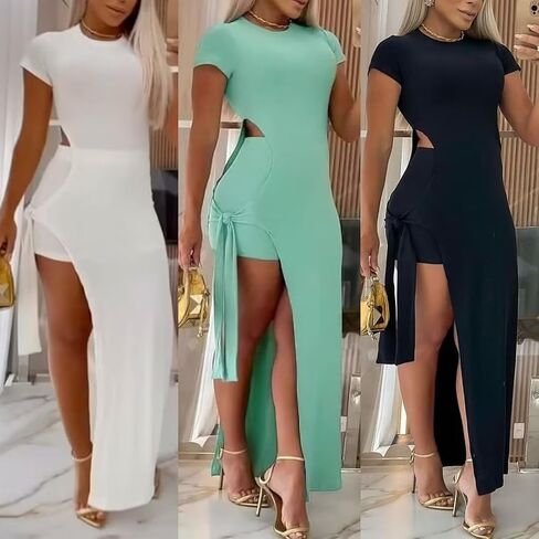 Aro Lora Womens Sexy 2 Piece Outfits Short Sleeve Cut Out Side Slit Maxi Dress and Short Set in Saudi Arabia