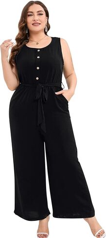 بذلة نسائية كاجوال بمقاس كبير ورقبة دائرية بدون أكمام وأزرار لأعلى وساق واسعة وسروال صيفي طويل مع جيوب in Kuwait