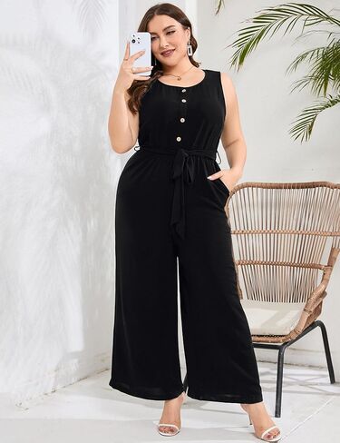 بذلة نسائية كاجوال بمقاس كبير ورقبة دائرية بدون أكمام وأزرار لأعلى وساق واسعة وسروال صيفي طويل مع جيوب in Kuwait