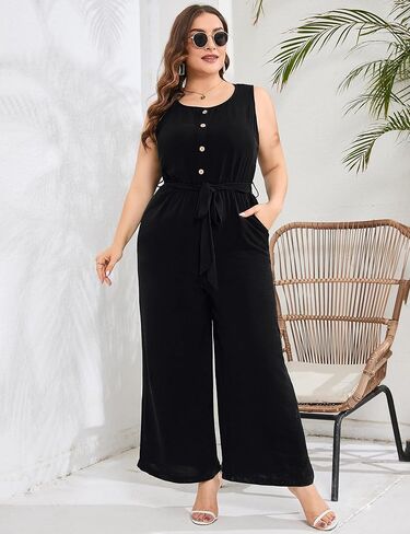 بذلة نسائية كاجوال بمقاس كبير ورقبة دائرية بدون أكمام وأزرار لأعلى وساق واسعة وسروال صيفي طويل مع جيوب in Kuwait