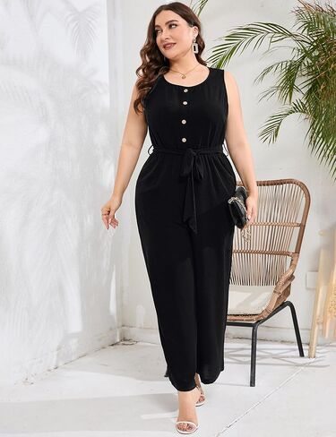 بذلة نسائية كاجوال بمقاس كبير ورقبة دائرية بدون أكمام وأزرار لأعلى وساق واسعة وسروال صيفي طويل مع جيوب in Kuwait