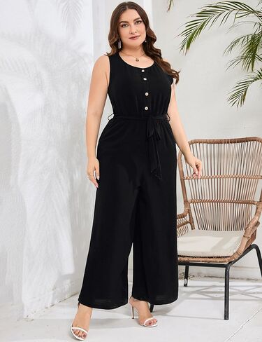 بذلة نسائية كاجوال بمقاس كبير ورقبة دائرية بدون أكمام وأزرار لأعلى وساق واسعة وسروال صيفي طويل مع جيوب in Kuwait