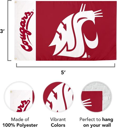 لافتات علم جامعة ولاية واشنطن من صبار الصحراء كوجر WSU Cougs Wazzu أعلام 100% بوليستر للاستخدام الداخلي والخارجي 3x5 (اسم الفريق) in Saudi Arabia