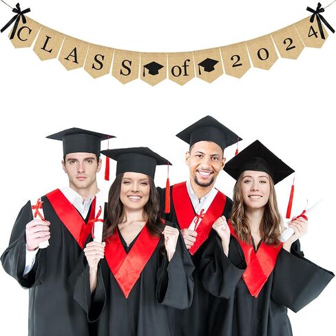 لافتة التخرج من فئة الخيش لعام 2024 - لا تحتاج إلى أعمال يدوية | لافتة زينة تخرج كلاسيكية ريفية لحفلات التخرج من الكلية ومستلزمات حفلات التخرج من المدرسة الثانوية 2024 in Kuwait