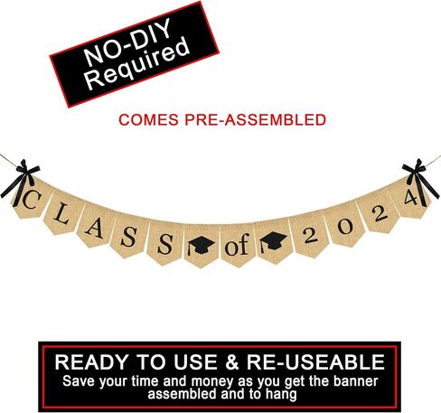 لافتة التخرج من فئة الخيش لعام 2024 - لا تحتاج إلى أعمال يدوية | لافتة زينة تخرج كلاسيكية ريفية لحفلات التخرج من الكلية ومستلزمات حفلات التخرج من المدرسة الثانوية 2024 in Kuwait