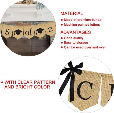 لافتة التخرج من فئة الخيش لعام 2024 - لا تحتاج إلى أعمال يدوية | لافتة زينة تخرج كلاسيكية ريفية لحفلات التخرج من الكلية ومستلزمات حفلات التخرج من المدرسة الثانوية 2024 in Kuwait