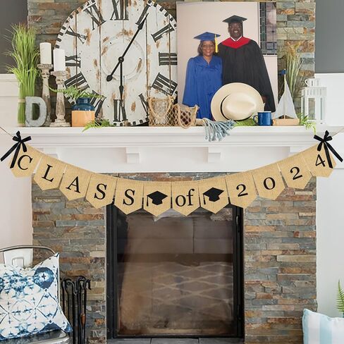 لافتة التخرج من فئة الخيش لعام 2024 - لا تحتاج إلى أعمال يدوية | لافتة زينة تخرج كلاسيكية ريفية لحفلات التخرج من الكلية ومستلزمات حفلات التخرج من المدرسة الثانوية 2024 in Kuwait