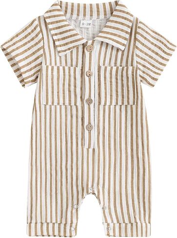 Baby Boy Vertical Striped Romper with Pockets One Piece Lapel Neck Short Sleeve Buttons Jumpsuit Spring Summer in Kuwait