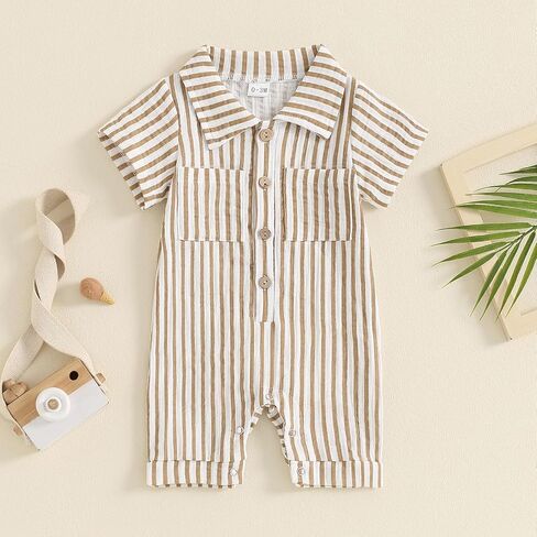 Baby Boy Vertical Striped Romper with Pockets One Piece Lapel Neck Short Sleeve Buttons Jumpsuit Spring Summer in Kuwait