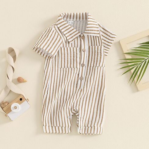 Baby Boy Vertical Striped Romper with Pockets One Piece Lapel Neck Short Sleeve Buttons Jumpsuit Spring Summer in Kuwait