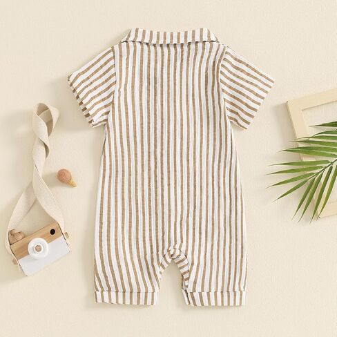 Baby Boy Vertical Striped Romper with Pockets One Piece Lapel Neck Short Sleeve Buttons Jumpsuit Spring Summer in Kuwait