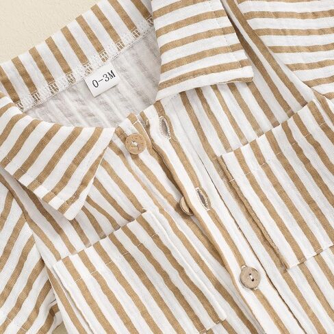 Baby Boy Vertical Striped Romper with Pockets One Piece Lapel Neck Short Sleeve Buttons Jumpsuit Spring Summer in Kuwait