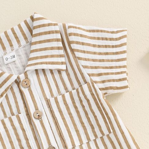 Baby Boy Vertical Striped Romper with Pockets One Piece Lapel Neck Short Sleeve Buttons Jumpsuit Spring Summer in Kuwait