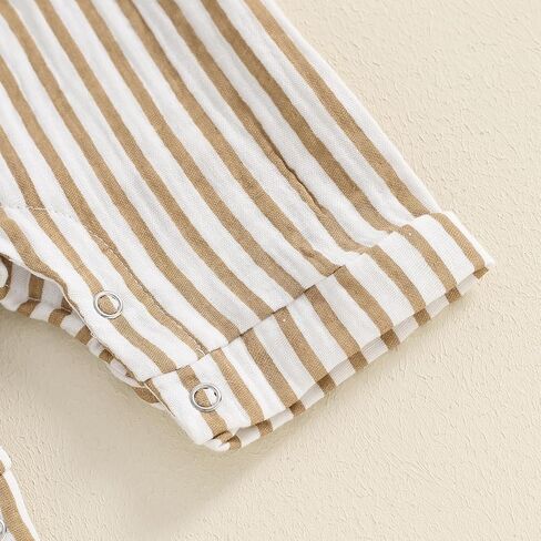 Baby Boy Vertical Striped Romper with Pockets One Piece Lapel Neck Short Sleeve Buttons Jumpsuit Spring Summer in Kuwait