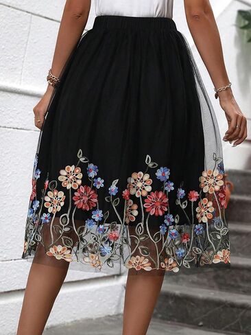 OYOANGLE Women's Floral Appliques Elastic Waist Mesh Flared A Line Midi Skirt Elegant Tulle Skirts in Saudi Arabia