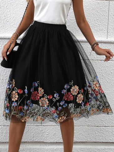 OYOANGLE Women's Floral Appliques Elastic Waist Mesh Flared A Line Midi Skirt Elegant Tulle Skirts in Saudi Arabia