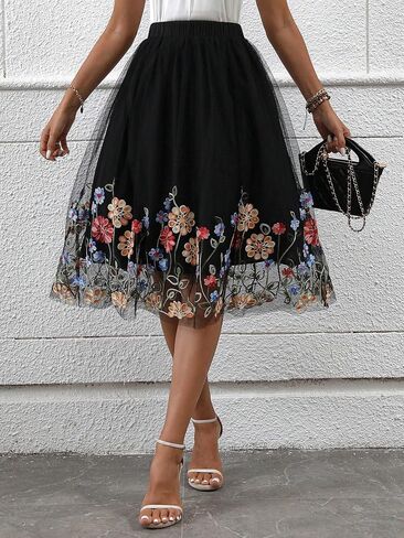 OYOANGLE Women's Floral Appliques Elastic Waist Mesh Flared A Line Midi Skirt Elegant Tulle Skirts in Saudi Arabia