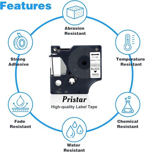 استبدال شريط الملصقات المتوافق مع Pristar لـ Dymo D1 53713 24 مم شريط كاسيت أسود على أبيض لـ Dymo LabelManager 450D 500TS Wireless PnP Label Marker LabelWriter 450 Duo، 1 بوصة × 23 قدم، 3 عبوات in Kuwait