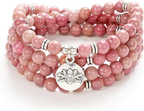سوار مالا 108 خرزة مع حلية اللوتس وخرز حجري صغير 6 ملم (رودونيت) in Kuwait