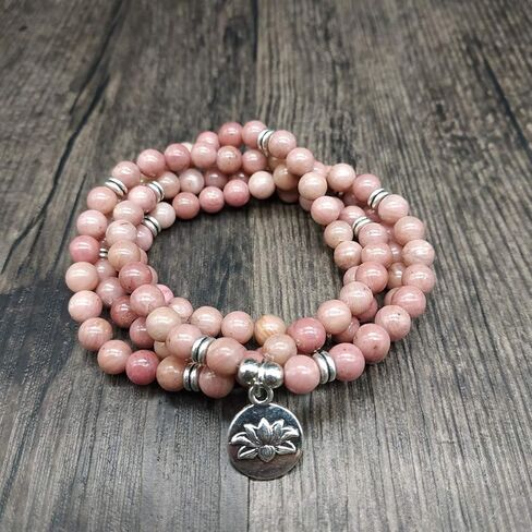 سوار مالا 108 خرزة مع حلية اللوتس وخرز حجري صغير 6 ملم (رودونيت) in Kuwait