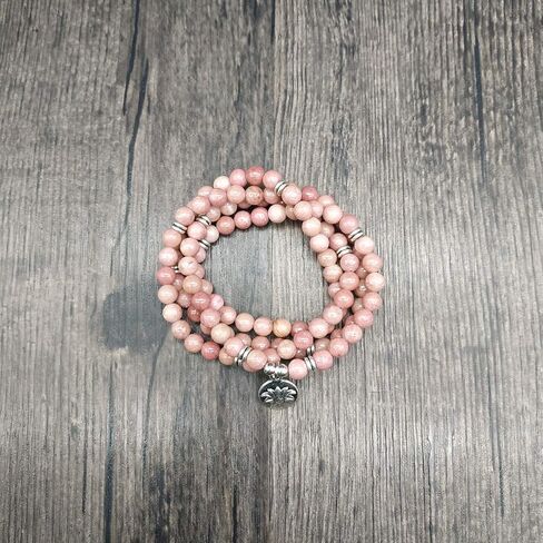 سوار مالا 108 خرزة مع حلية اللوتس وخرز حجري صغير 6 ملم (رودونيت) in Kuwait