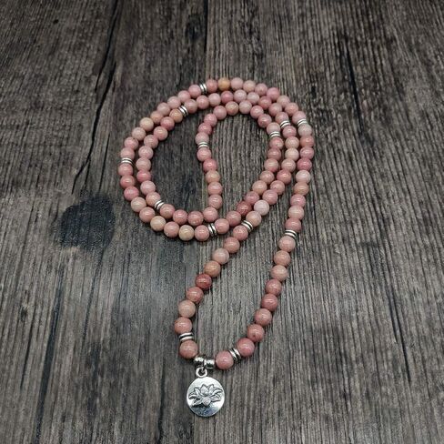 سوار مالا 108 خرزة مع حلية اللوتس وخرز حجري صغير 6 ملم (رودونيت) in Kuwait