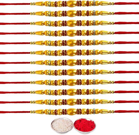 مجموعة من 12 راخي للأخوة موتي، خاتم خرز بتصميم الماس، مجموعة راخي التقليدية المصنوعة يدويًا مع رولي تشاوال، مجموعة هدايا راكشاباندان برو الهندية الاحتفالية in Kuwait