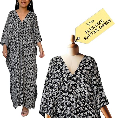 Plus Size Kaftan Dresses for Women, Caftans for Women Loungewear - Handmade Women's Fashion, Mothers Day Gifts for Mom, Silk-Screened Maxi Dress for Beach & Night Out - 50 in.,Black w/Geometric2 in Saudi Arabia