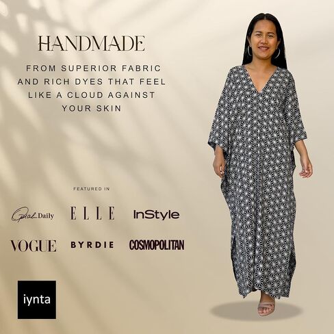 Plus Size Kaftan Dresses for Women, Caftans for Women Loungewear - Handmade Women's Fashion, Mothers Day Gifts for Mom, Silk-Screened Maxi Dress for Beach & Night Out - 50 in.,Black w/Geometric2 in Saudi Arabia