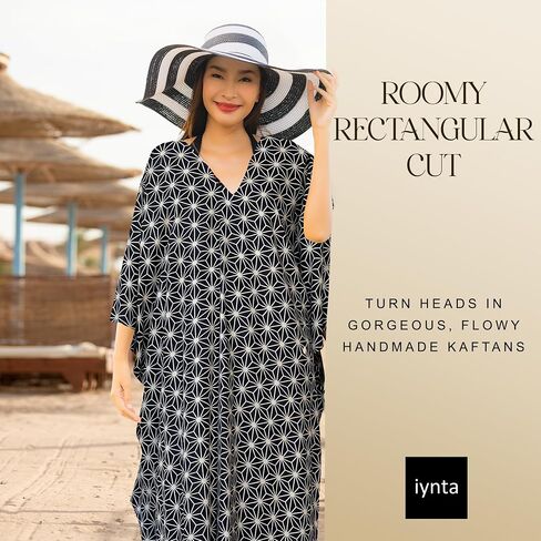 Plus Size Kaftan Dresses for Women, Caftans for Women Loungewear - Handmade Women's Fashion, Mothers Day Gifts for Mom, Silk-Screened Maxi Dress for Beach & Night Out - 50 in.,Black w/Geometric2 in Saudi Arabia