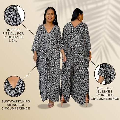 Plus Size Kaftan Dresses for Women, Caftans for Women Loungewear - Handmade Women's Fashion, Mothers Day Gifts for Mom, Silk-Screened Maxi Dress for Beach & Night Out - 50 in.,Black w/Geometric2 in Saudi Arabia