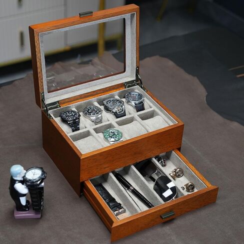 صندوق ساعة مع درج، حافظة عرض كبيرة لـ 8 ساعات ونظارات شمسية، هيكل من خشب الجوز الصلب in Kuwait