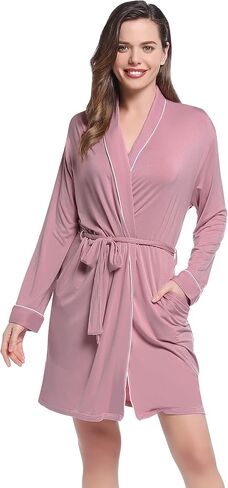 Womens Robe Short Summer Lightweight Long Sleeve Bathrobe with Pockets Viscose (Made from Bamboo) in Saudi Arabia