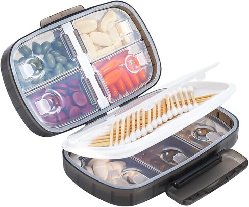 Daviky Travel Pill Organizer, Weekly Pill Dispenser 1 Time a Day, Large Pill Box, Moisture Proof 8 Compartment Pill Case, Portable Pill Holder for Medicines, Supplements and Vitamins (Black) in Saudi Arabia