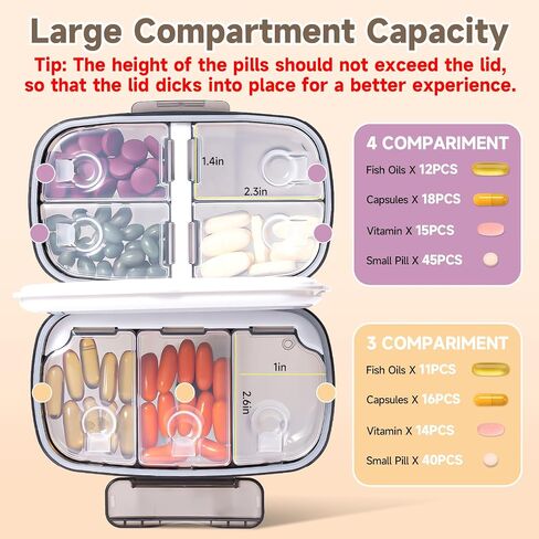 Daviky Travel Pill Organizer, Weekly Pill Dispenser 1 Time a Day, Large Pill Box, Moisture Proof 8 Compartment Pill Case, Portable Pill Holder for Medicines, Supplements and Vitamins (Black) in Saudi Arabia
