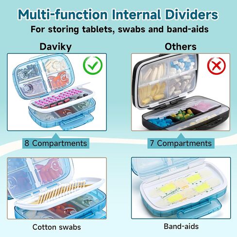 منظم حبوب الدواء للسفر من دافيكي، موزع حبوب الدواء الأسبوعي مرة واحدة في اليوم، صندوق حبوب كبير، حافظة حبوب دواء مقاومة للرطوبة مكونة من 8 أقسام، حامل حبوب محمول للأدوية والمكملات الغذائية والفيتامينات (أسود) in Kuwait