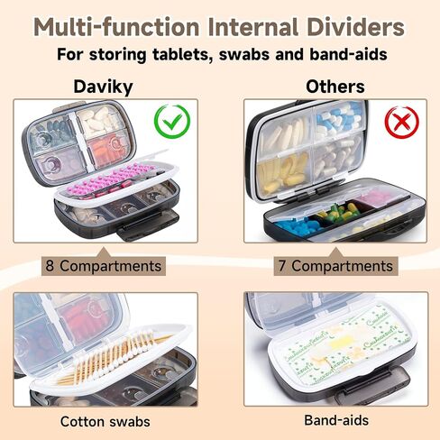 Daviky Travel Pill Organizer, Weekly Pill Dispenser 1 Time a Day, Large Pill Box, Moisture Proof 8 Compartment Pill Case, Portable Pill Holder for Medicines, Supplements and Vitamins (Black) in Saudi Arabia