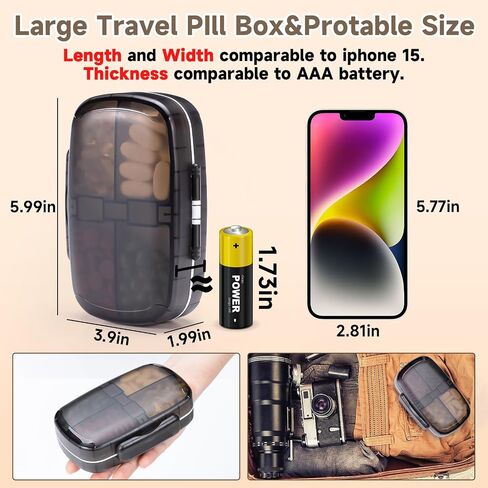 Daviky Travel Pill Organizer, Weekly Pill Dispenser 1 Time a Day, Large Pill Box, Moisture Proof 8 Compartment Pill Case, Portable Pill Holder for Medicines, Supplements and Vitamins (Black) in Saudi Arabia