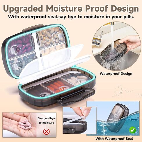 Daviky Travel Pill Organizer, Weekly Pill Dispenser 1 Time a Day, Large Pill Box, Moisture Proof 8 Compartment Pill Case, Portable Pill Holder for Medicines, Supplements and Vitamins (Black) in Saudi Arabia