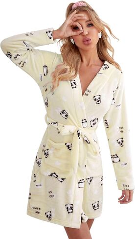 Women's Robes Cute Panda Robe Fleece Loungewear Robe Short Plush Hooded Robes Comfy Bathrobes with Pockets in Saudi Arabia