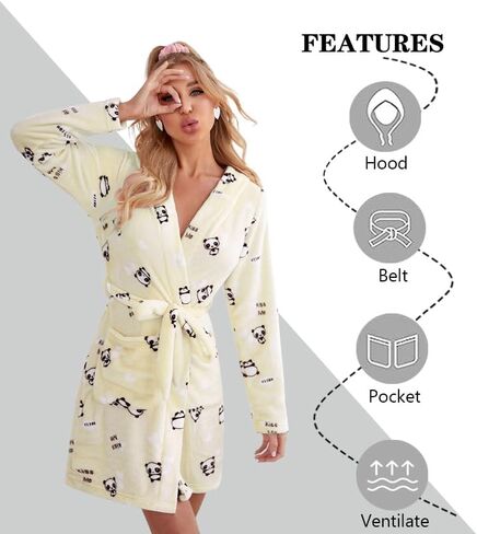 Women's Robes Cute Panda Robe Fleece Loungewear Robe Short Plush Hooded Robes Comfy Bathrobes with Pockets in Saudi Arabia