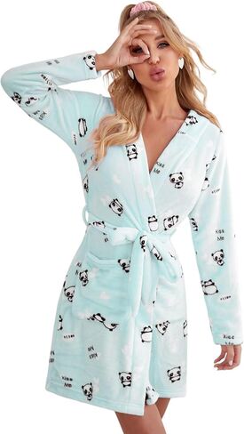 Women's Robes Cute Panda Robe Fleece Loungewear Robe Short Plush Hooded Robes Comfy Bathrobes with Pockets in Saudi Arabia